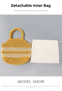 Detail view of woven bead handbag with its removable cream-colored drawstring inner pouch