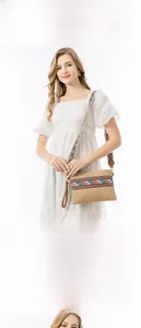 Detail view of woven straw crossbody bag with colorful ethnic pattern shoulder strap