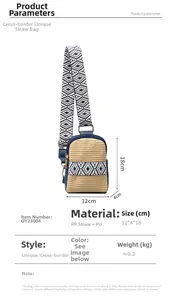 Detail view of woven straw crossbody bag showing 12x4x18cm dimensions and wide strap