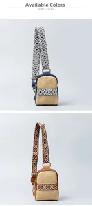 Available colors of woven straw crossbody bags with blue and brown leather trim options