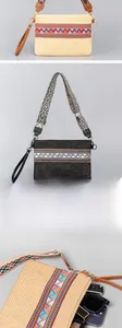 Detail showing high capacity woven straw bags with colorful ethnic embroidery and straps