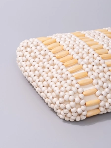 Chic handmade maple beaded handbag with white round beads and woven canvas lining