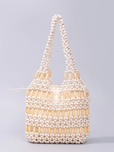 Handcrafted maple wood bead handbag with cream canvas drawstring lining and woven design