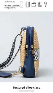 Detail view of woven crossbody bag showing large capacity for phone and sunglasses