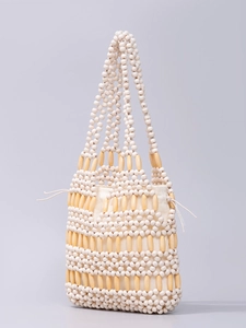Handmade maple bead woven handbag with cream canvas drawstring inner bag for women