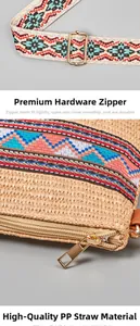 Macro shot of PP straw woven texture with golden metal zipper and ethnic pattern strap