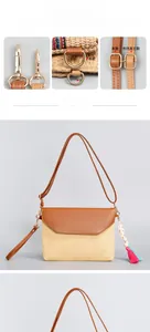 Close-up of beach straw bag with colorful tassel and shell charms on leather strap