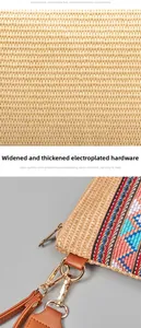Detail of woven straw bag showing wavy texture and colorful embroidered strap with gold hardware