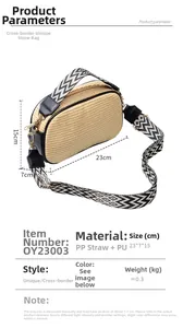 Detail van beige strooien schoudertas met geometrische brede riem en gouden hardware