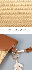 Detail of durable gold-plated hardware and shell tassel on the straw crossbody bag