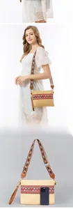 Beige woven crossbody bag with ethnic jacquard strap and mobile phone for size comparison