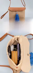 Detail of straw woven bag showing spacious interior for phone, sunglasses and cosmetics