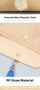 Detailed close-up of woven straw handbag featuring magnetic alloy buckle and blue tassel