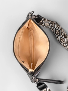 Black pebbled leather shoulder bag with beige lining and geometric woven strap
