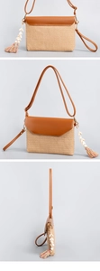 Straw envelope bag with brown faux leather flap and shell tassel detail from multiple views