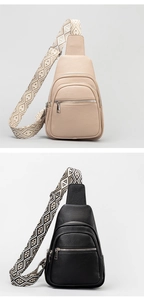 Close-up of textured PU leather sling bags with patterned geometric woven shoulder straps