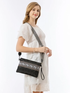 Handwoven black straw envelope bag with ethnic pattern and stylish wide strap