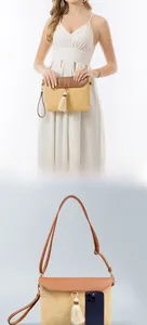 Detail of straw woven bag featuring leather flap, tassel charm, and versatile straps