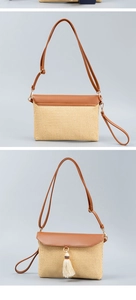 Detail of straw envelope bag with brown leather flap and white tassel on studio background