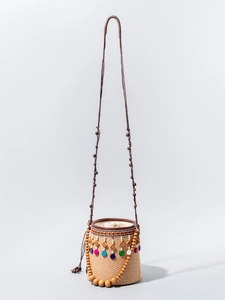 Bohemian Woven Straw Bucket Bag For Women Handwoven Shoulder Bag With Wood Beads Tassels Ethnic Style Vacation Beach Handbag