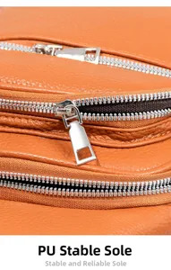 Detailopname van oranje PU-leertextuur met drie zilveren metalen ritsen op de tas