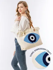 Bohemian Woven Canvas Tote Bag Towel Embroidery Evil Eye Tassels Brown Leather Handle Large Shoulder Bag Women Beach Travel
