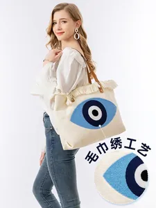 Bohemian Woven Canvas Tote Bag Towel Embroidery Evil Eye Tassels Brown Leather Handle Large Shoulder Bag Women Beach Travel