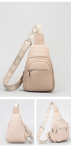 Detailed views of beige PU leather crossbody bag with geometric pattern woven strap