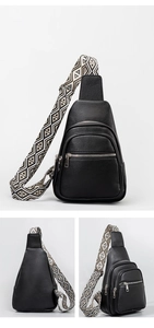 Detailed view of black pebbled PU leather chest bag with geometric woven shoulder strap