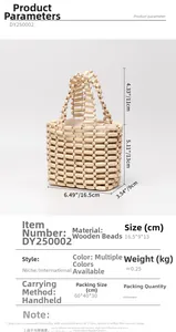Close-up of contrast hollow wooden bead handbag showing natural texture and size details