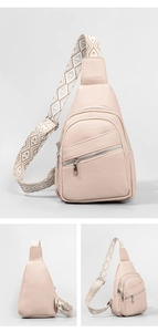 Detail view of beige lychee texture PU leather chest bag with woven pattern wide shoulder strap