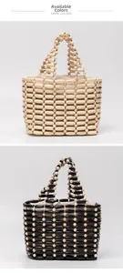 Detail view of woven wood bead handbags in ivory and monochrome contrast with canvas liners