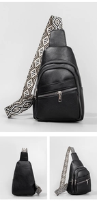 Detail of black pebbled PU leather chest bag with geometric woven shoulder strap