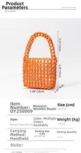 Detailed view of handmade orange wooden bead bag with 13cm handle and hollow mesh design