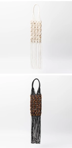 Détails de sacs bohèmes tissés avec coquillages, perles d'ambre et longues franges à glands
