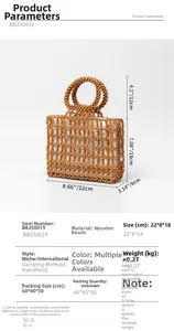 Detailed size chart for handmade wooden bead handbag showing 22x8x18cm dimensions