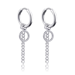 Detailed view of silver hoop earrings with hollow rings and long minimalist chain drops