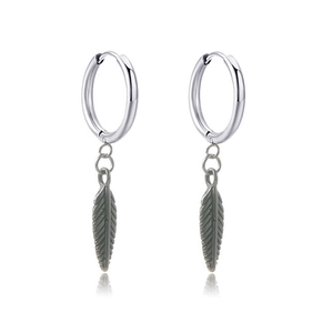 Silver feather drop earrings with round hoop and vintage textured metal pendants