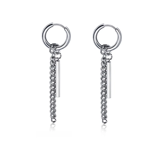 Detail of silver stainless steel earrings featuring Cuban links and geometric bar pendants