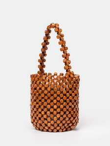 Handmade Wood Bead Woven Bucket Bag Women Hollow Out Beaded Handbag With Drawstring Inner Bag Casual Vacation Handheld Bag