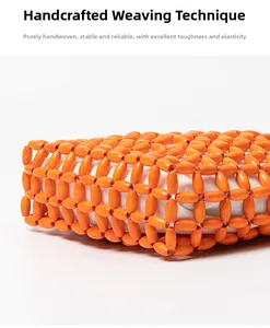 Detail of orange wooden beaded bag showing sturdy handmade weave and white inner lining
