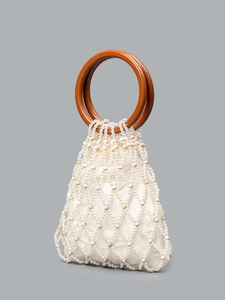 Handmade Beaded Weaving Shoulder Bag Hollow Out Pearl Handbag With Round Resin Handle Women Beach Vacation Casual Bag