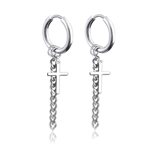 Detail of silver cross drop earrings with hanging metal chain on a classic hoop base