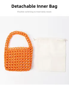 Detail of orange beaded handbag featuring a detachable white drawstring inner pouch