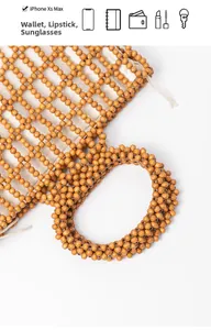 Detail view of woven wood bead bag showing inner pouch and capacity for essentials