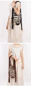 Detailed macro of handmade woven mesh bags featuring natural shell sequins and long tassels