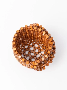 Handmade brown square wooden bead bucket bag with hollow woven texture for casual travel