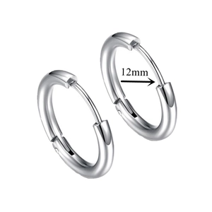 Detailed view of 12mm silver polished metal huggie hoop earrings with snap closure