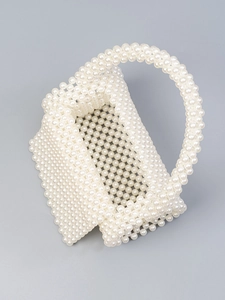 Borsa a mano fatta a mano con perle, manico elegante e struttura intrecciata per donne