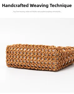 Detail of handcrafted wooden bead bag showing intricate grid weaving and cream fabric liner